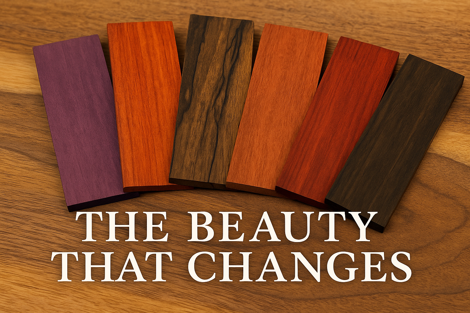 Exotic Hardwood Color Transformation — Purpleheart, Padauk, Ziricote, Bubinga, Bloodwood, and Wenge Samples of exotic hardwoods — Purpleheart, Padauk, Ziricote, Bubinga, Bloodwood, and Wenge — displayed on a wooden surface in warm natural light, showing the rich colors that change over time.