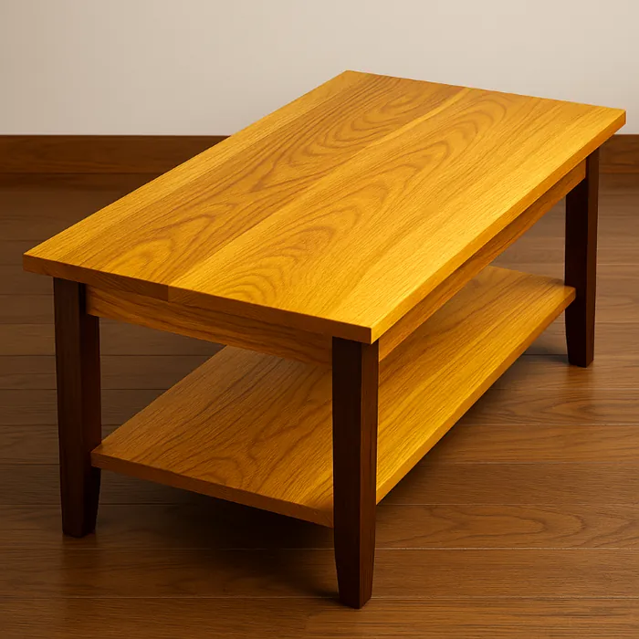 Osage Orange hardwood table with a golden finish and rich grain, placed on matching wood flooring.