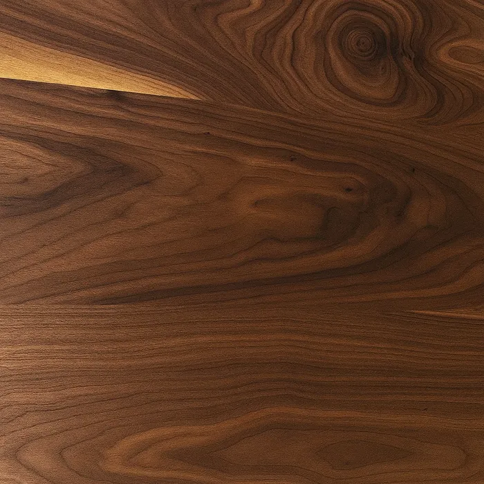 Close-up of black walnut lumber showing rich brown grain with swirling figure and darker streaks.