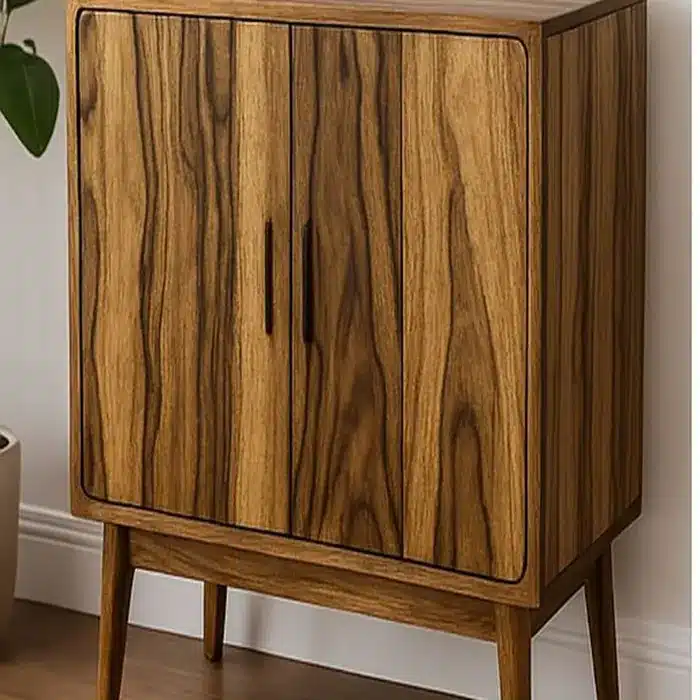 Mid-century style black limba cabinet with bold dark grain standing on tapered legs in a modern room