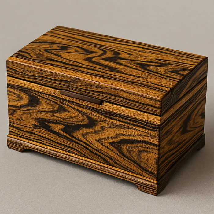 Handcrafted Bocote keepsake box made from dimensional lumber, showing golden-brown heartwood with bold dark streaks and striking grain figure.