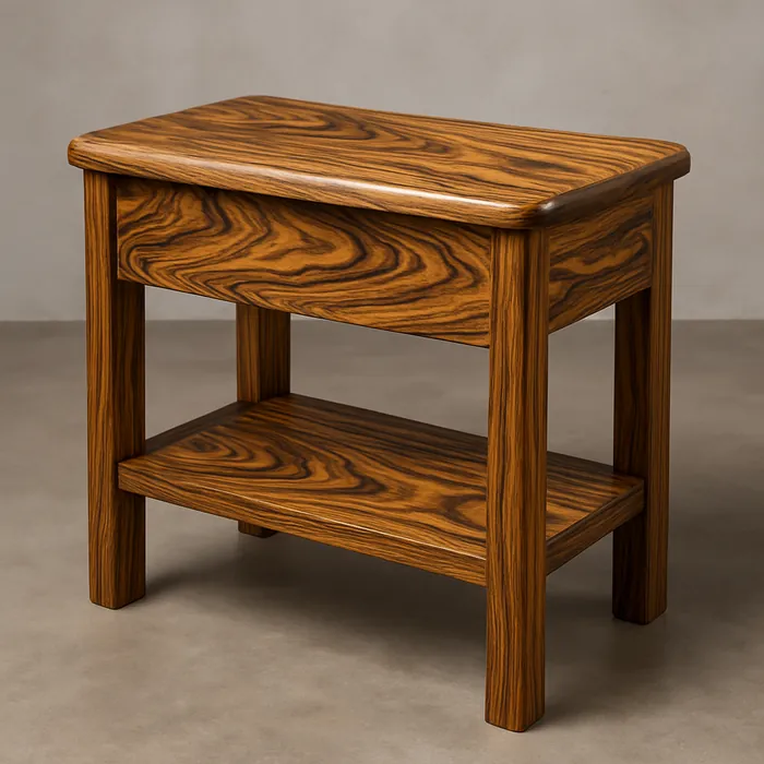 Dimensional Bocote side table built from golden-brown boards with bold dark streaks and striking grain figure.