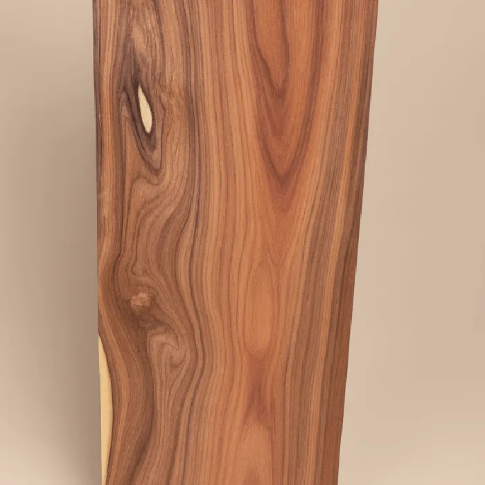 Bolivian rosewood (Morado) hardwood board with flowing brown and violet grain on a warm neutral background
