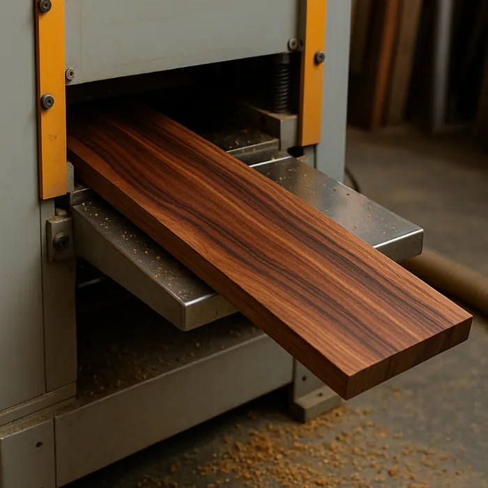 Granadillo board exiting industrial planer with clean grain | G&H Hardwoods Auburn Seattle Tacoma