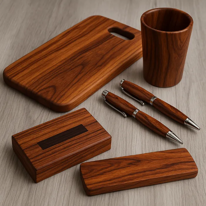 Granadillo cutting board, pens, cup, and boxes on a neutral surface | G&H Hardwoods Auburn Seattle Tacoma