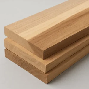 Three hickory lumber boards stacked on a neutral light background