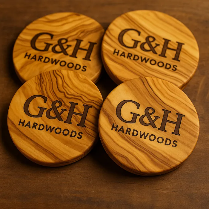 Set of round G&H olivewood coasters showing golden and dark brown swirling grain.