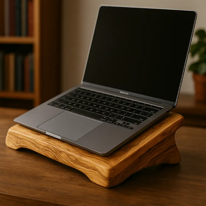 Handcrafted olivewood laptop stand with golden and brown tones, smooth polished finish, and swirling natural grain.