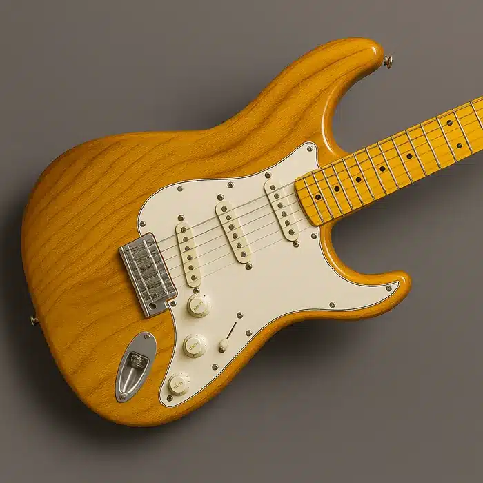 Electric guitar with a warm golden Osage Orange body and visible grain against a neutral gray background.