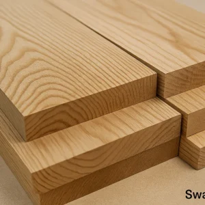 Swamp Ash lumber boards (Domestic hardwood), 8/4 thickness with light brown tone and straight grain, ideal for guitars and furniture