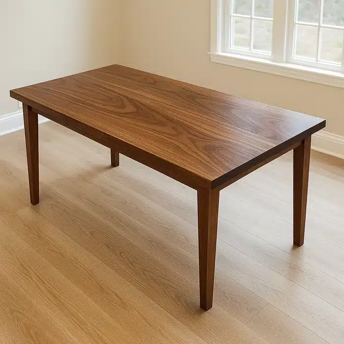 Rectangular walnut dining table with tapered legs in a bright room with light wood flooring.