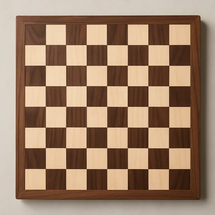 Overhead view of a handcrafted chess board with alternating hard maple and walnut squares and a smooth beveled edge.