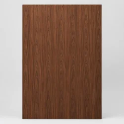 4x8 plain sliced walnut plywood sheet with vertical cathedral grain on neutral background