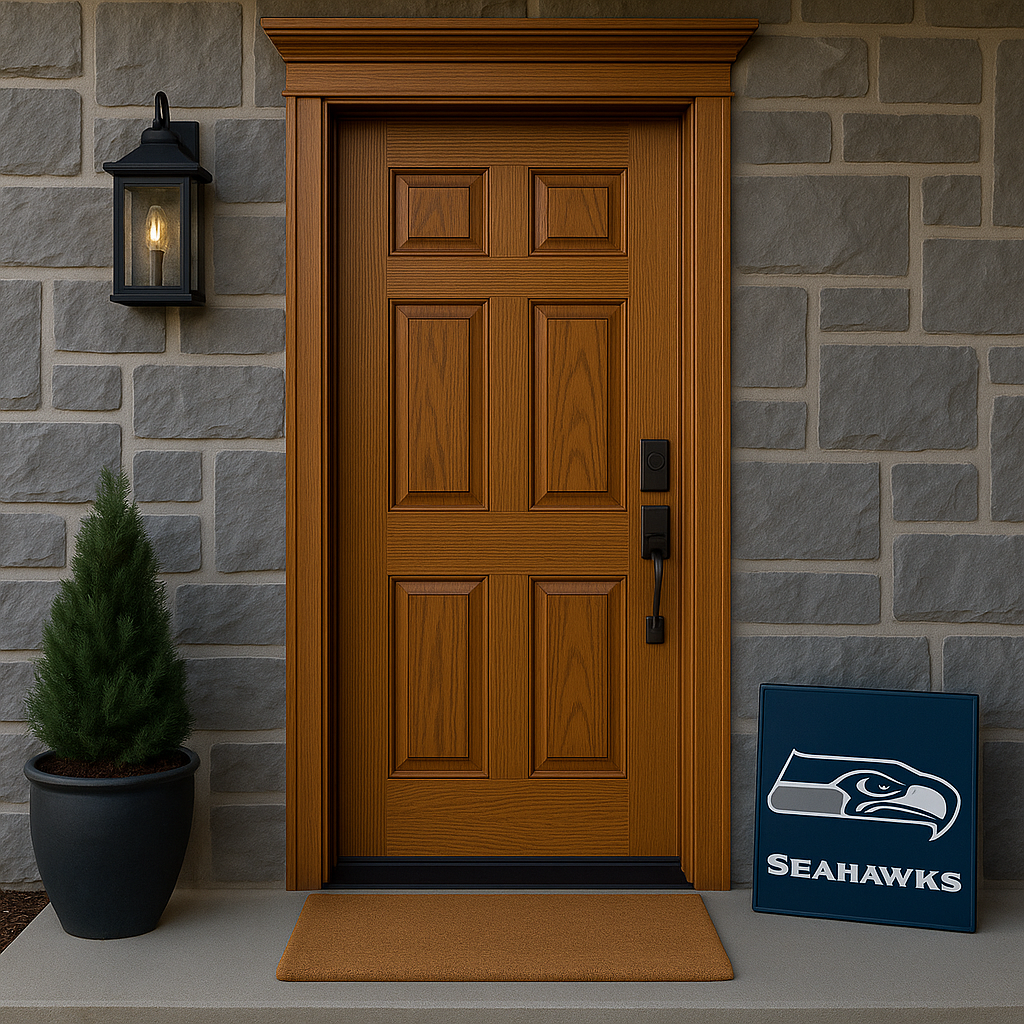 Full view of a six-panel white oak entry door, black hardware, and a Seahawks logo sign on a blue background