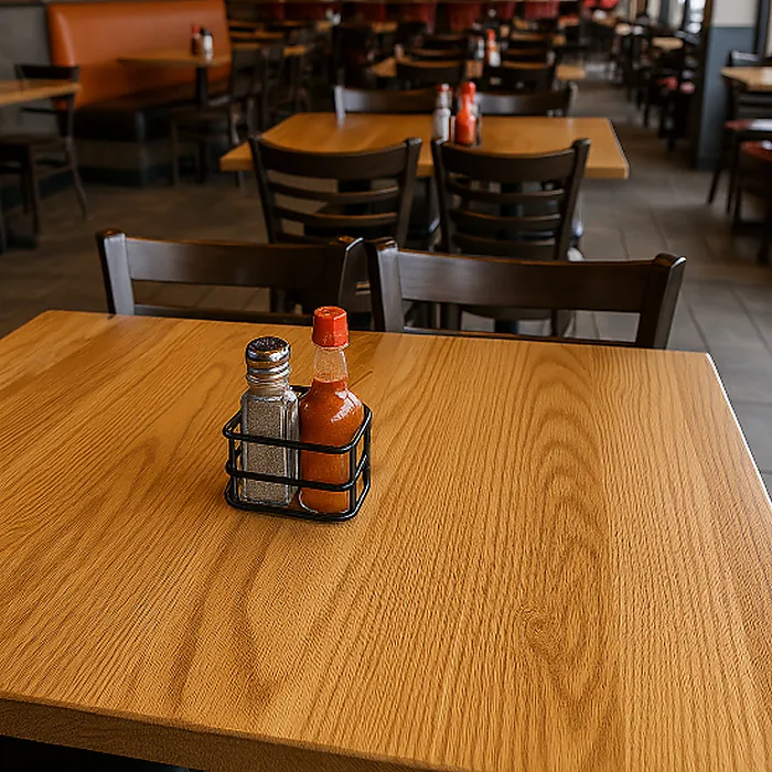 Close-up of a flat‑sawn white oak restaurant table with condiment caddy in a dining room