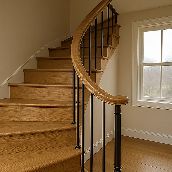 Curved white oak staircase with 6010 handrail and black square balusters in a bright foyer